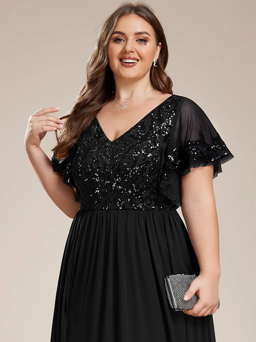 Robe Mère de la Mariée Col en V Manches Courtes Corsage à Paillettes Grande Taille