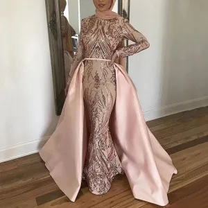 rose pink prom dresses 2020 sparkly detachable skirt vintage elegant muslim prom gown with scarf