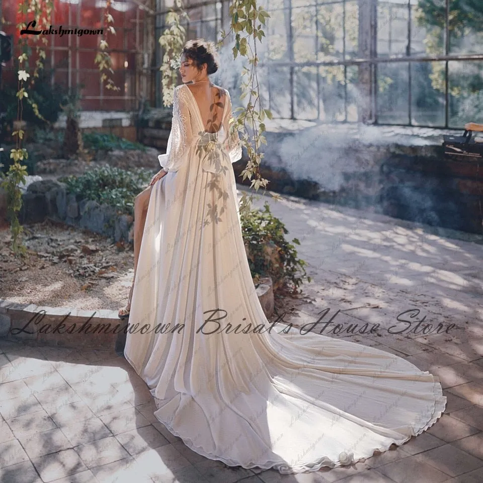 Roycebridal Lakshmigown Puffy Long Sleeve Boho Wedding Dress 2021 Vestaglia Sposa Plus Size Bridal Receipt Wedding Gown High Split Open Back
