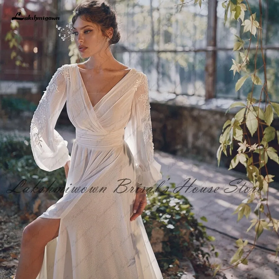 Roycebridal Lakshmigown Puffy Long Sleeve Boho Wedding Dress 2021 Vestaglia Sposa Plus Size Bridal Receipt Wedding Gown High Split Open Back