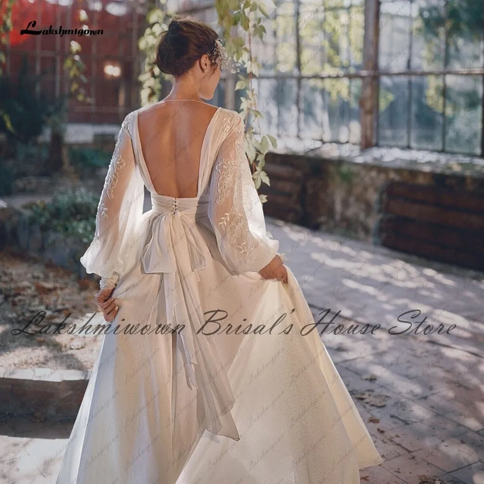 Roycebridal Lakshmigown Puffy Long Sleeve Boho Wedding Dress 2021 Vestaglia Sposa Plus Size Bridal Receipt Wedding Gown High Split Open Back