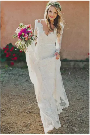 Roycebridal Long Sleeve Lace V-Neck Ivory Vintage Beach Wedding Dresses,MW299