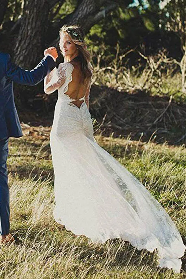 Roycebridal Long Sleeve Lace V-Neck Ivory Vintage Beach Wedding Dresses,MW299