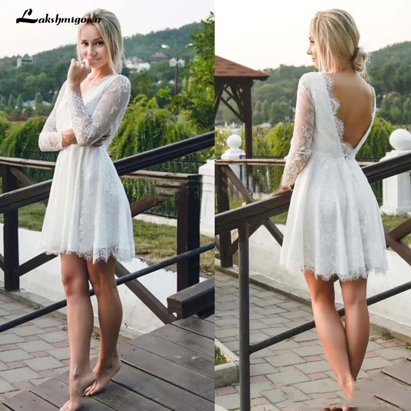 Roycebridal Sexy Backless Short Beach Wedding Dresses A Line Full Lace Sheer Long Sleeve Summer Bohemian Boho Bridal Gowns