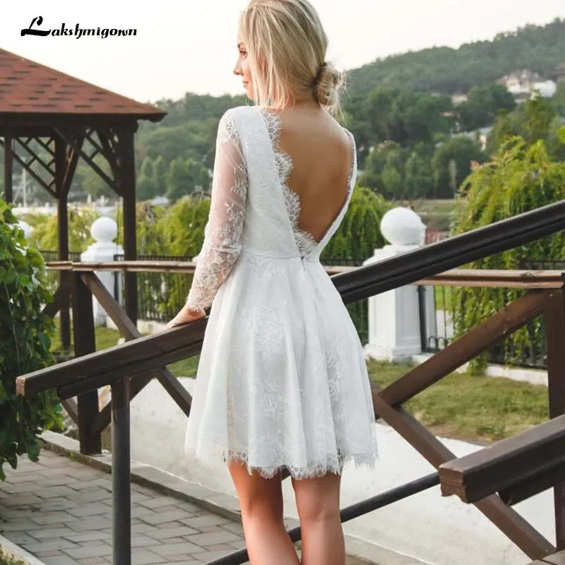 Roycebridal Sexy Backless Short Beach Wedding Dresses A Line Full Lace Sheer Long Sleeve Summer Bohemian Boho Bridal Gowns