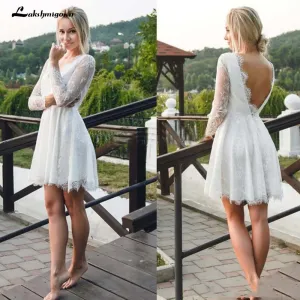 Roycebridal Sexy Backless Short Beach Wedding Dresses A Line Full Lace Sheer Long Sleeve Summer Bohemian Boho Bridal Gowns