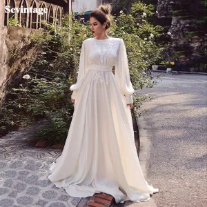Roycebridal Simple A-Line Soft Satin Wedding Dresses Boho Lace Appliques Long Puff Sleeves Bridal Gown Vintage Wedding Party Gowns