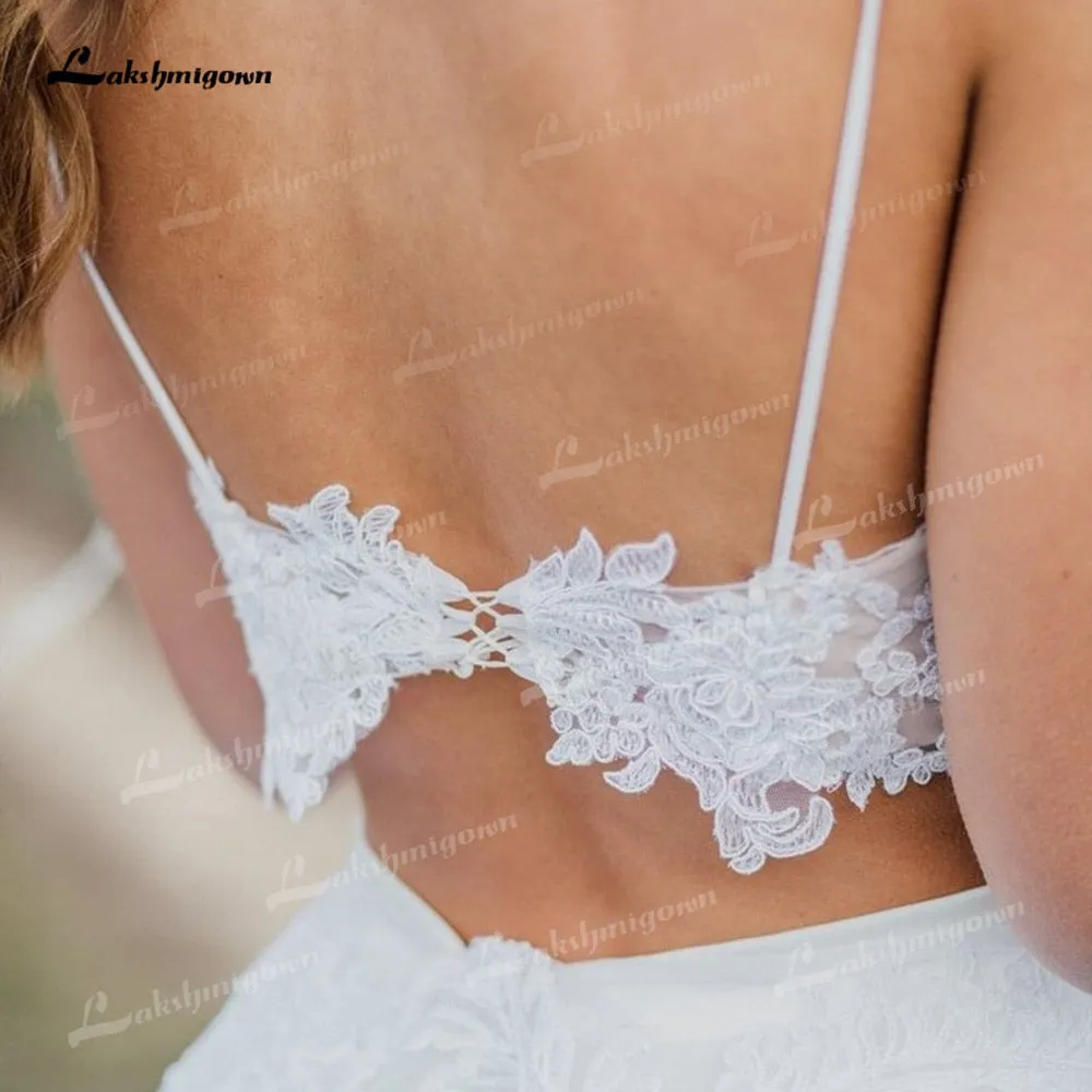 Roycebridal Two Piece Tulle A-Line Boho Wedding Dresses V-Neck Spaghetti Straps Backless Sleeveless Chapel Train Bride Gowns Appliques Pleat