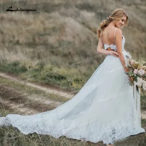 Roycebridal Two Piece Tulle A-Line Boho Wedding Dresses V-Neck Spaghetti Straps Backless Sleeveless Chapel Train Bride Gowns Appliques Pleat