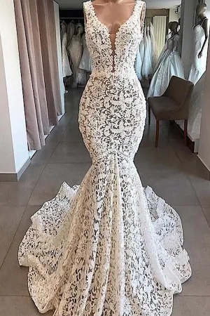 Roycebridal Vintage Mermaid V-neck Open Back Ivory Lace Wedding Dresses, Elegant Wedding Gown,MW405