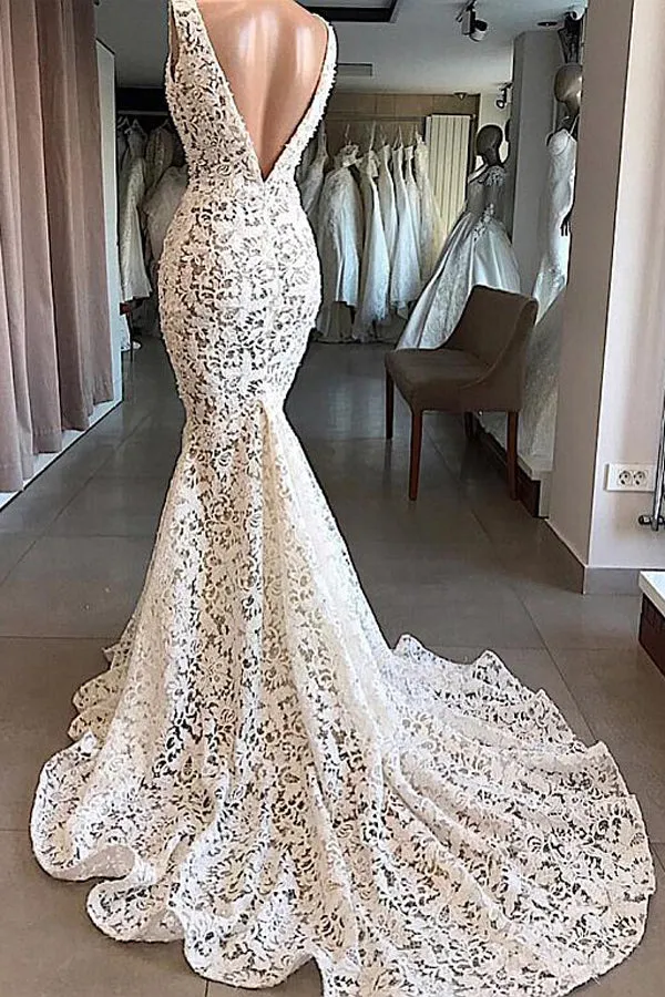 Roycebridal Vintage Mermaid V-neck Open Back Ivory Lace Wedding Dresses, Elegant Wedding Gown,MW405