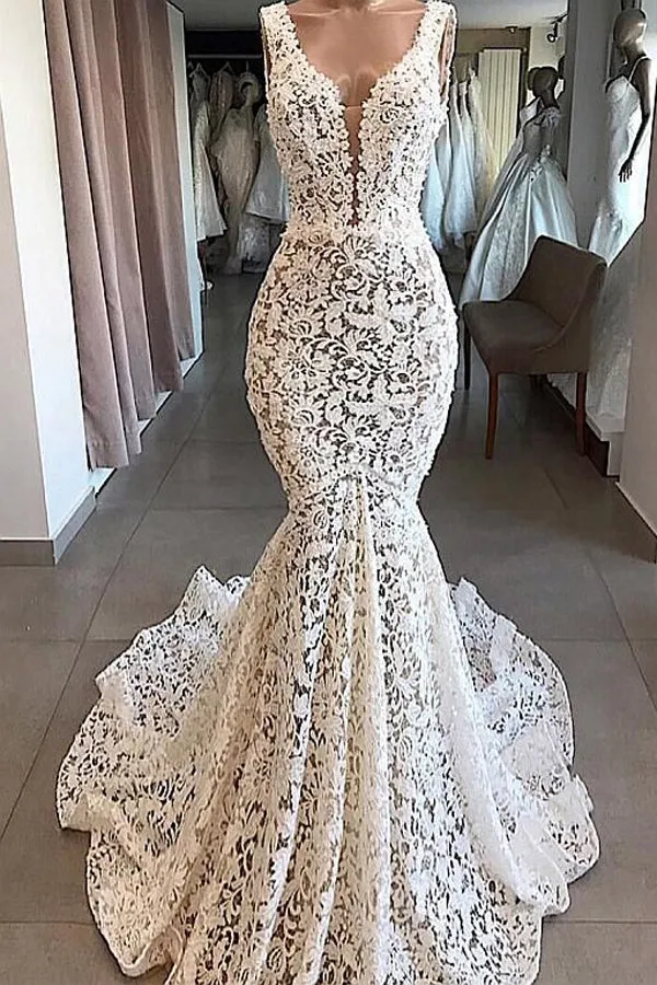 Roycebridal Vintage Mermaid V-neck Open Back Ivory Lace Wedding Dresses, Elegant Wedding Gown,MW405