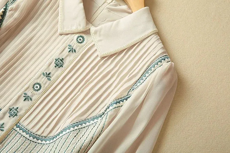 Ruby Turn-down Collar Vintage Embroidery High Waist Dress