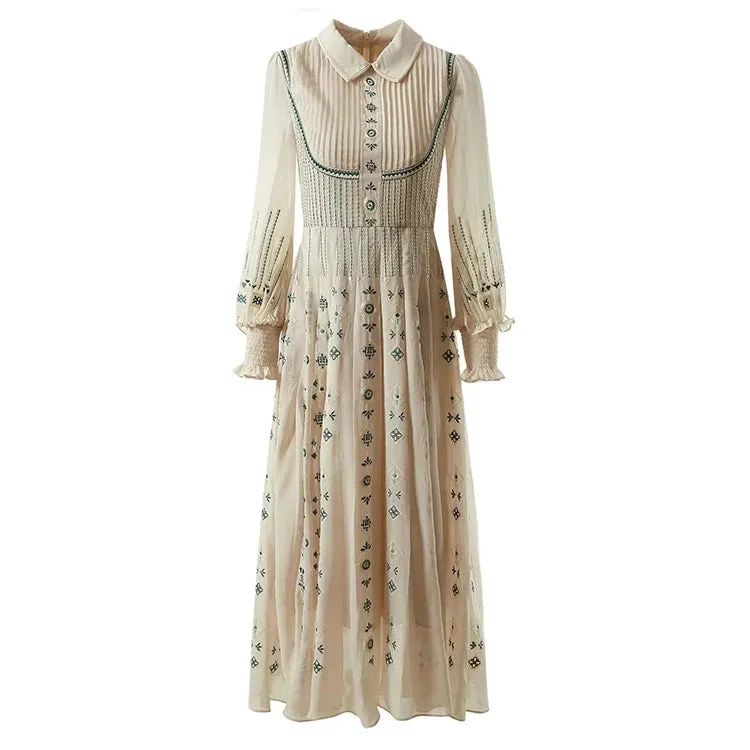 Ruby Turn-down Collar Vintage Embroidery High Waist Dress