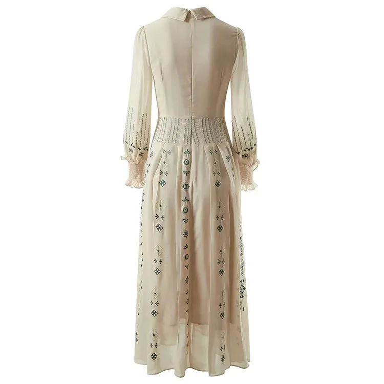 Ruby Turn-down Collar Vintage Embroidery High Waist Dress