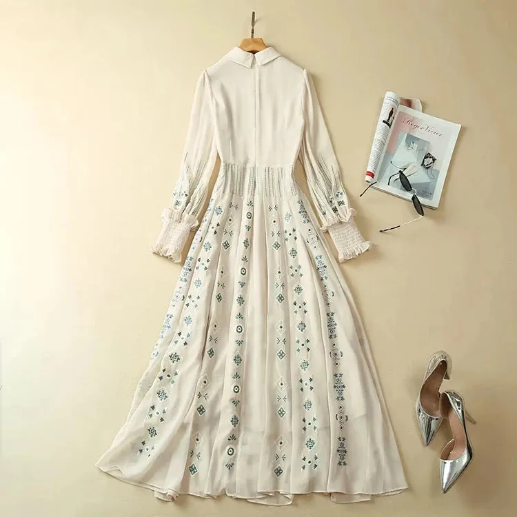 Ruby Turn-down Collar Vintage Embroidery High Waist Dress
