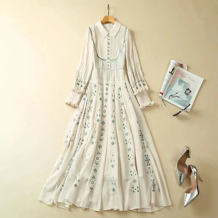 Ruby Turn-down Collar Vintage Embroidery High Waist Dress