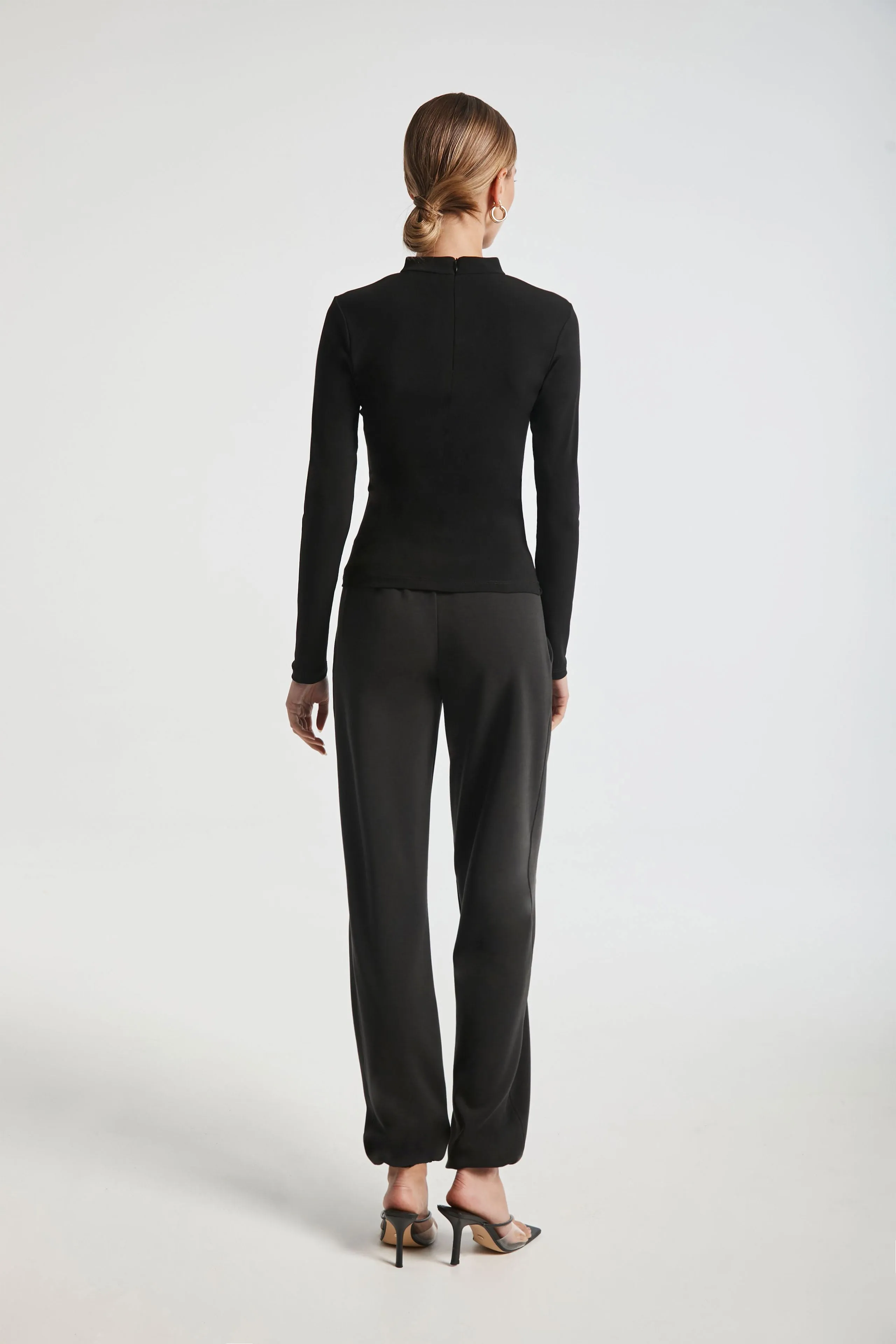 Ruched Mesh Panel Mock Neck
