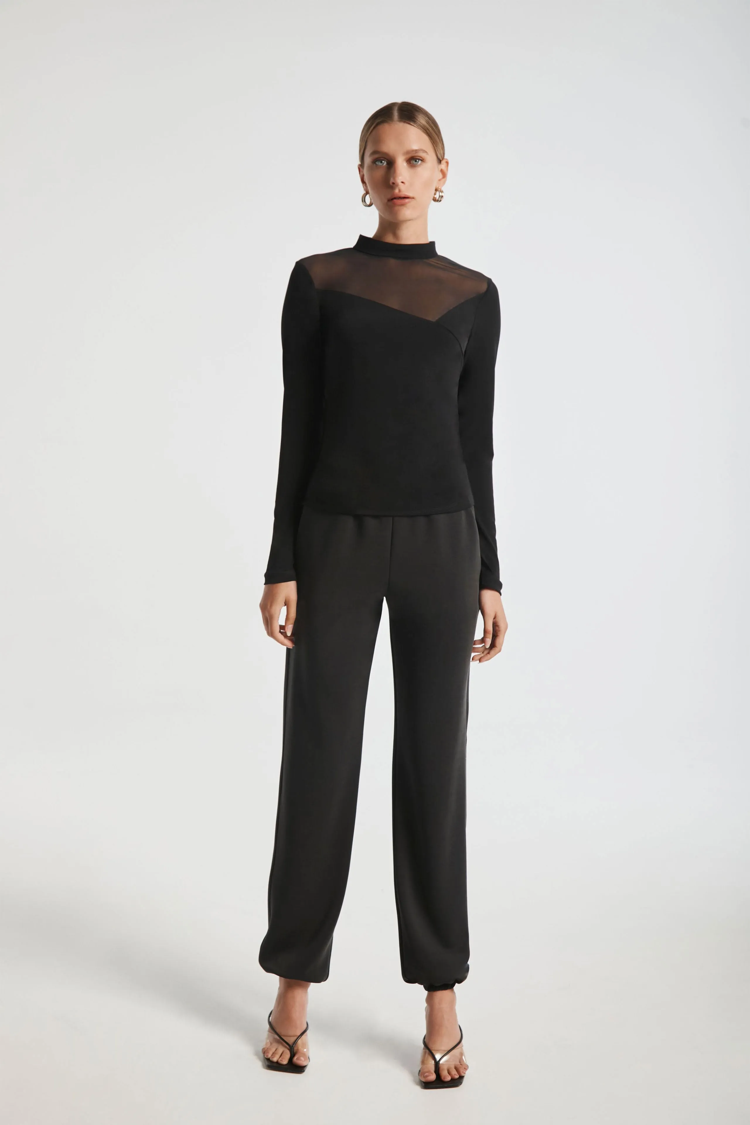 Ruched Mesh Panel Mock Neck
