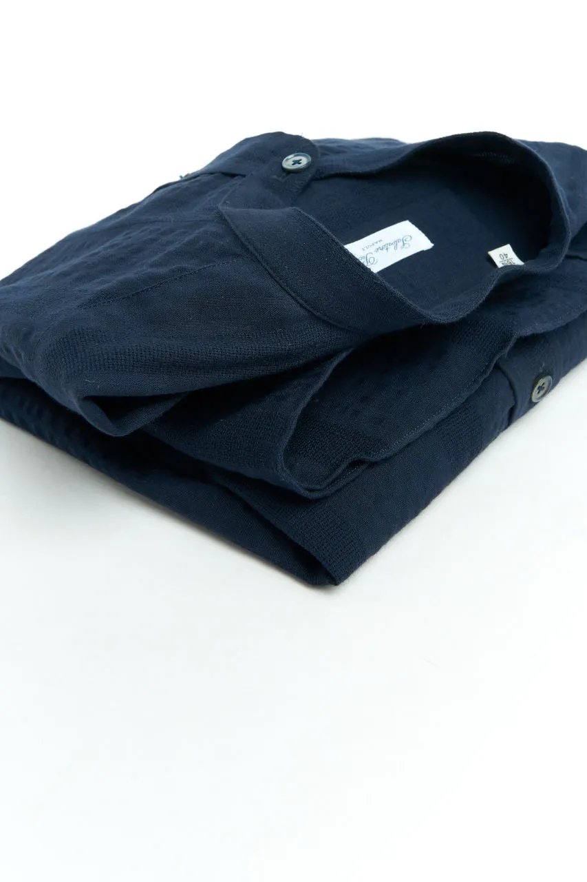 Salvatore Piccolo Band Collar Shirt Seersucker Stripes Navy