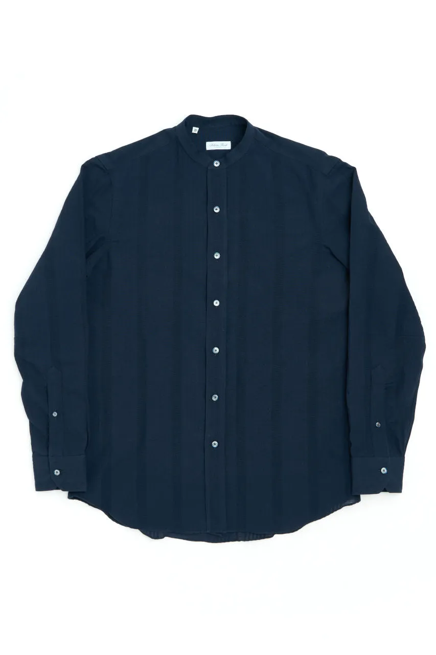 Salvatore Piccolo Band Collar Shirt Seersucker Stripes Navy