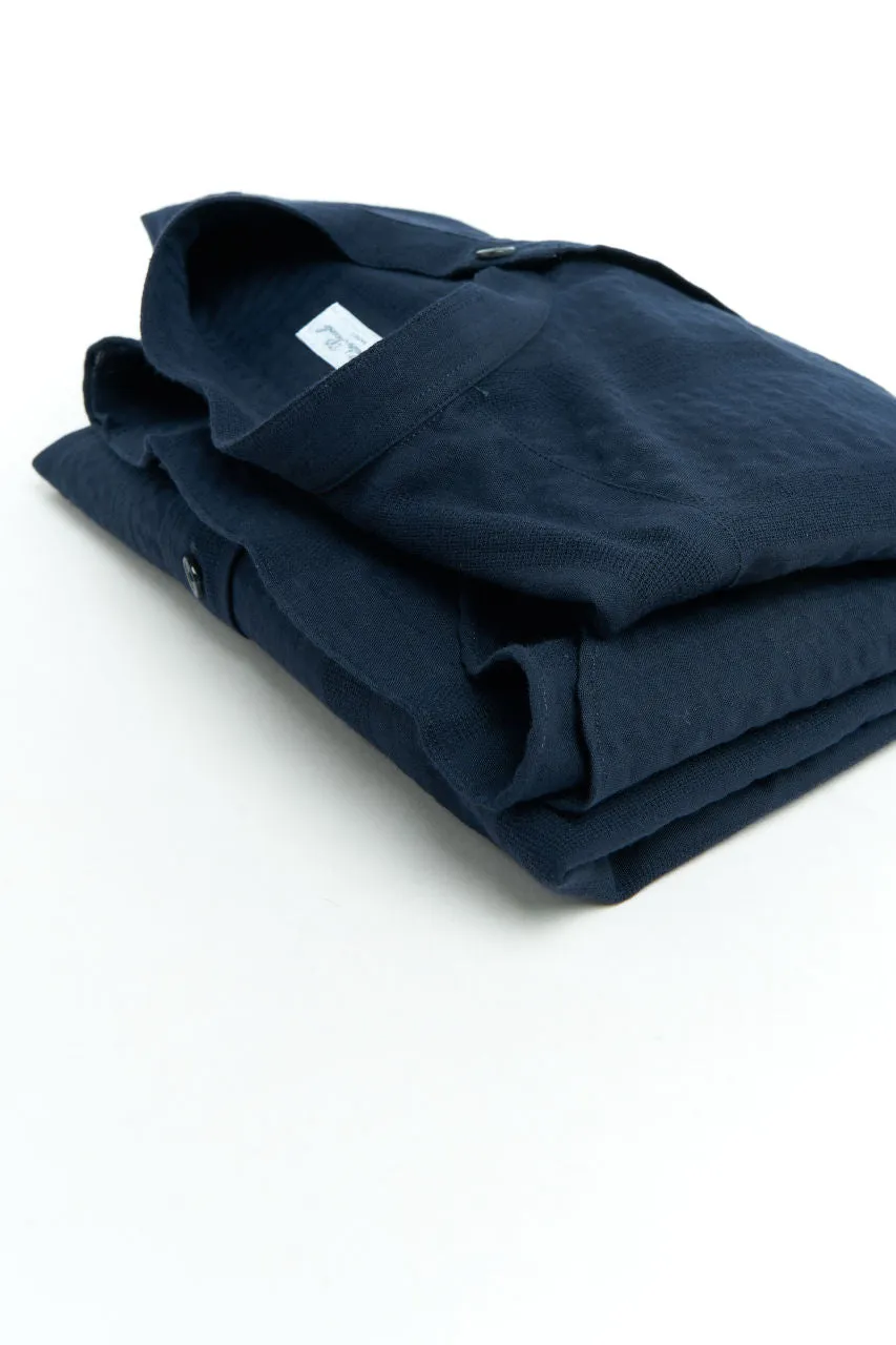 Salvatore Piccolo Band Collar Shirt Seersucker Stripes Navy