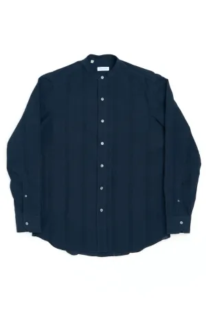 Salvatore Piccolo Band Collar Shirt Seersucker Stripes Navy
