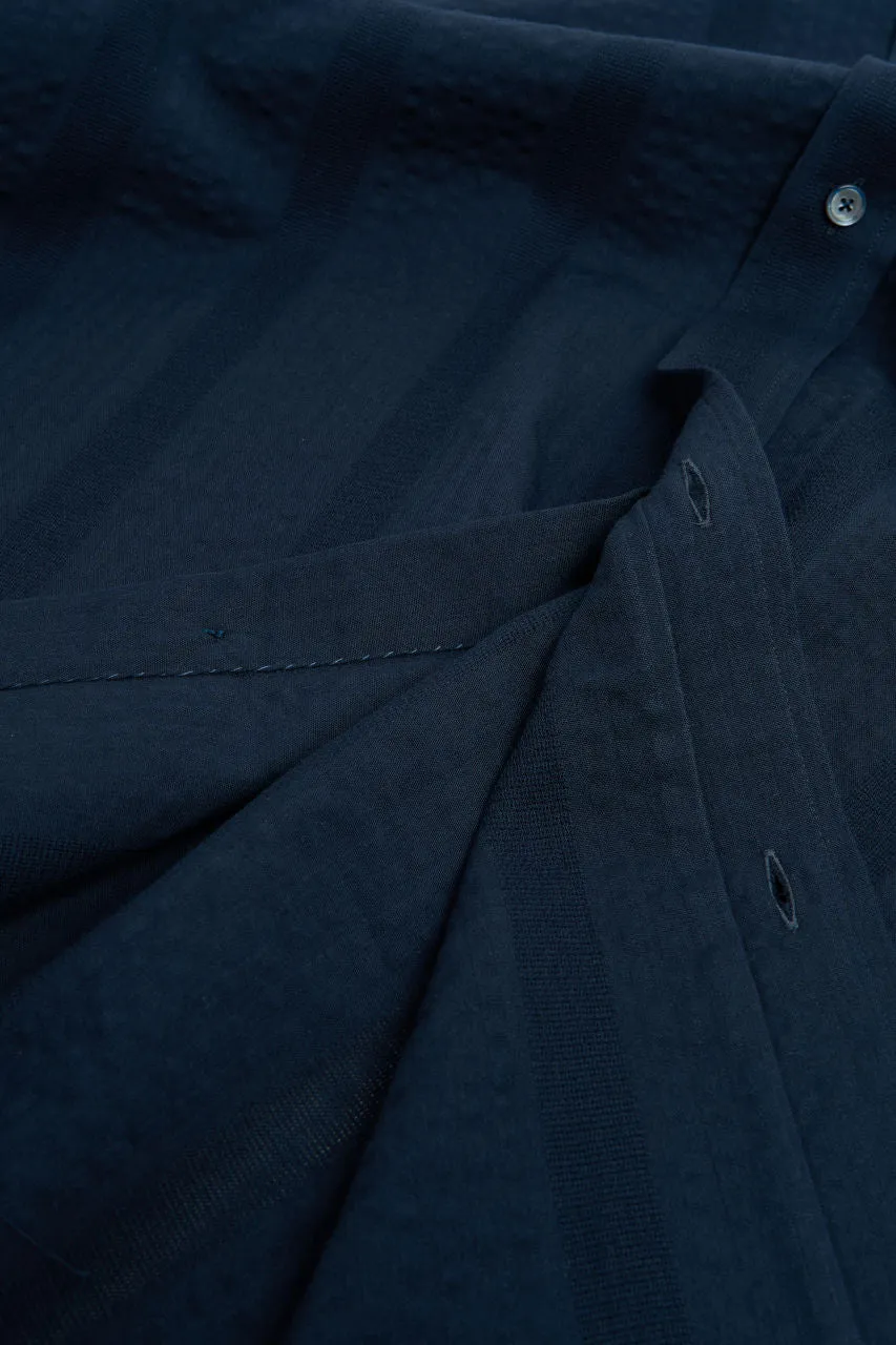Salvatore Piccolo Band Collar Shirt Seersucker Stripes Navy