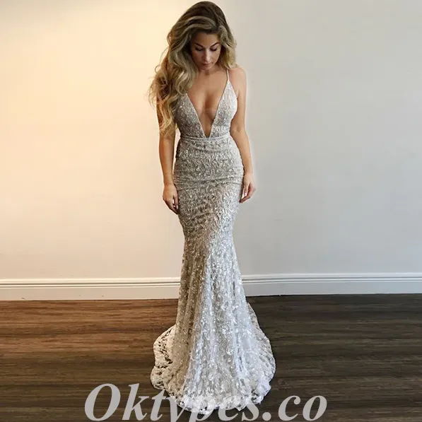 Sexy Lace And Tulle Spaghetti Straps Deep V-Neck Sleeveless Mermaid Long Prom Dresses ,PDS0624