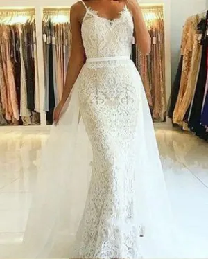 Sexy Mermaid Lace Wedding Dresses with Detachable Train Bridal Gown with Spaghetti