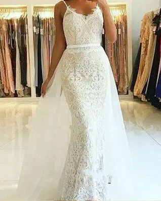 Sexy Mermaid Lace Wedding Dresses with Detachable Train Bridal Gown with Spaghetti