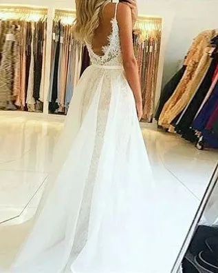 Sexy Mermaid Lace Wedding Dresses with Detachable Train Bridal Gown with Spaghetti