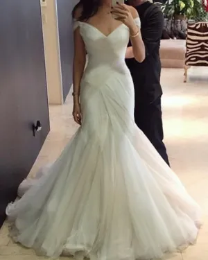 Sexy Tulle Mermaid Wedding Dresses Cap Sleeve V-Neck Simple Beach Wedding Gown Flare