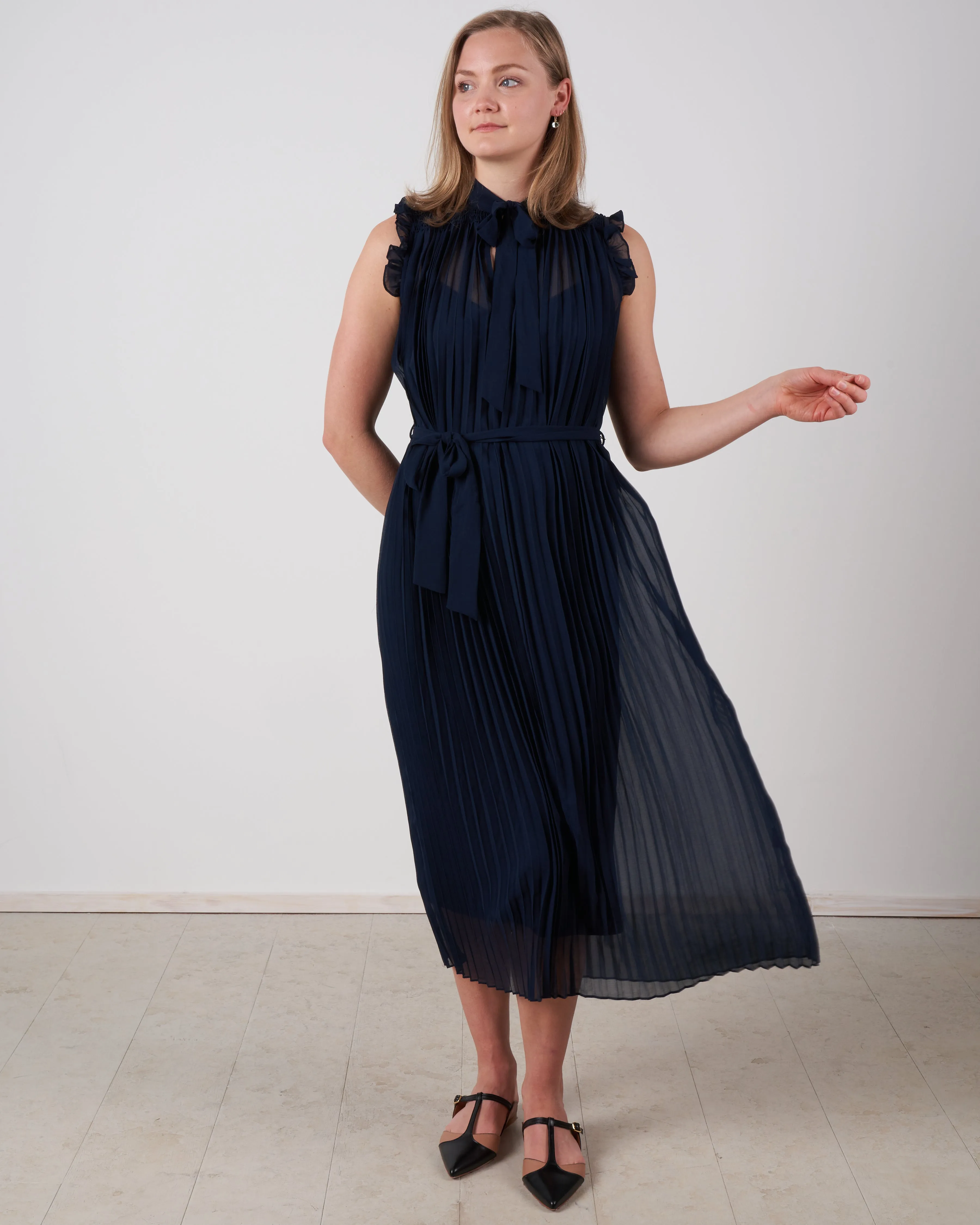 shirred pleat swing midi - navy