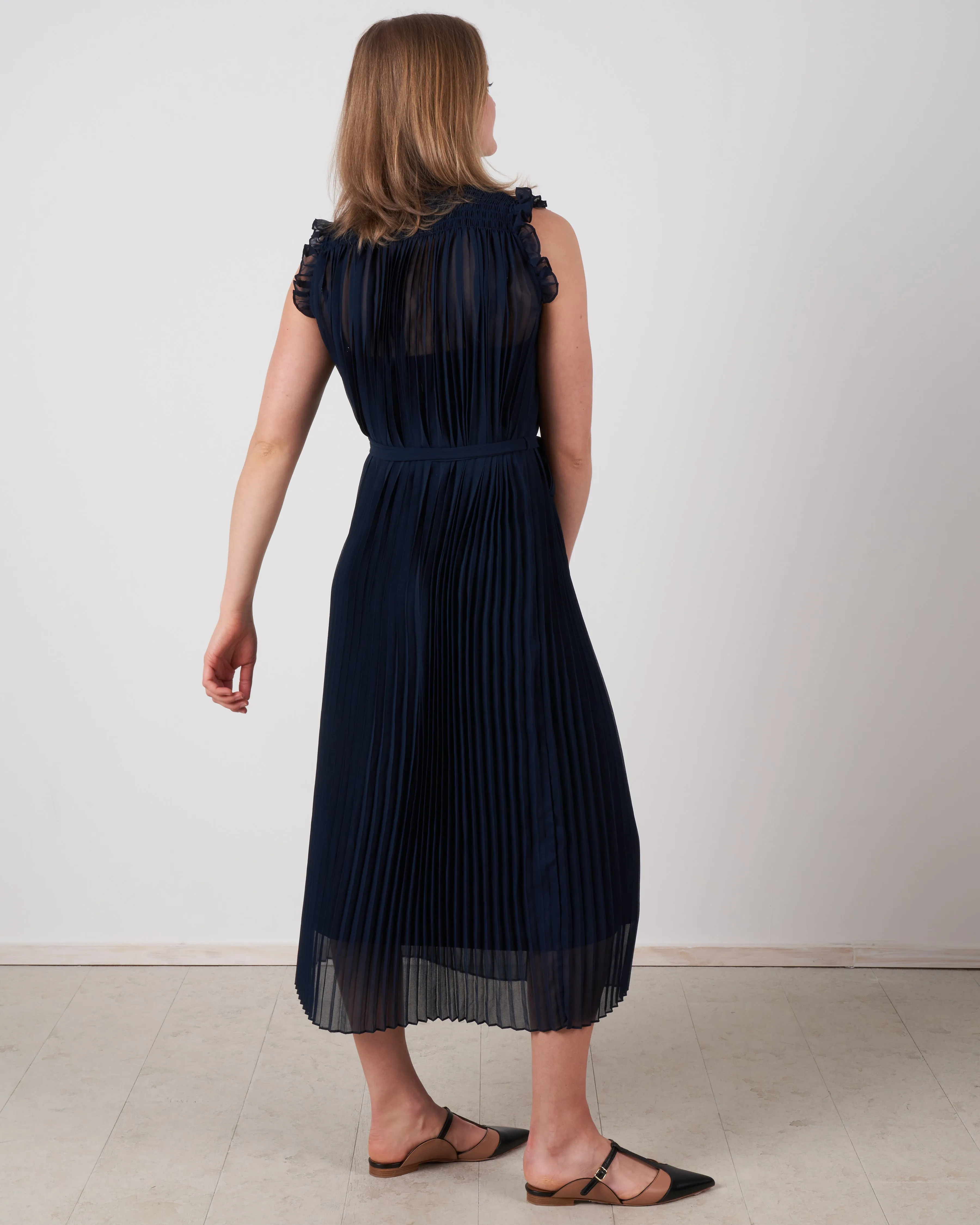 shirred pleat swing midi - navy