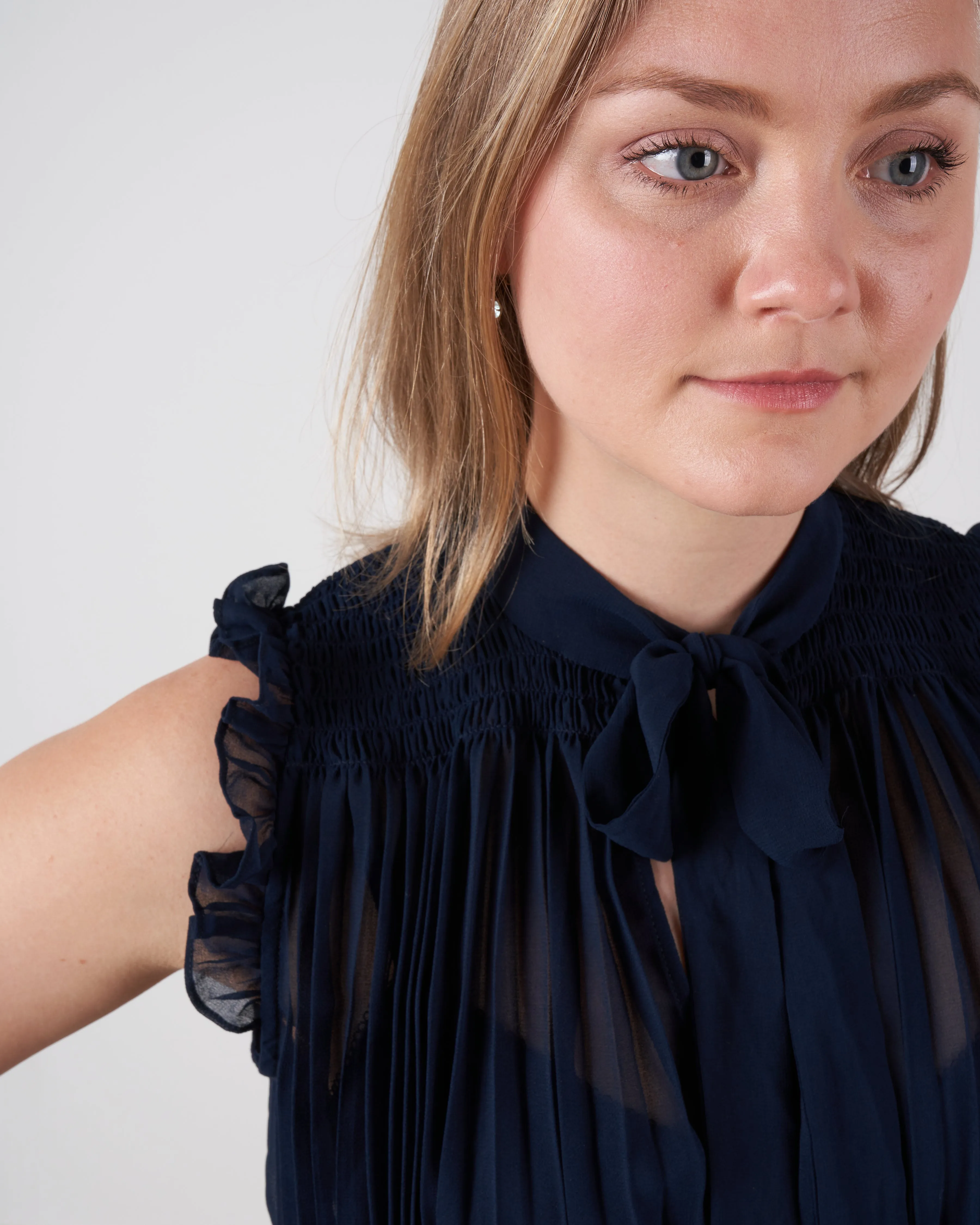 shirred pleat swing midi - navy