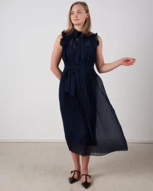 shirred pleat swing midi - navy