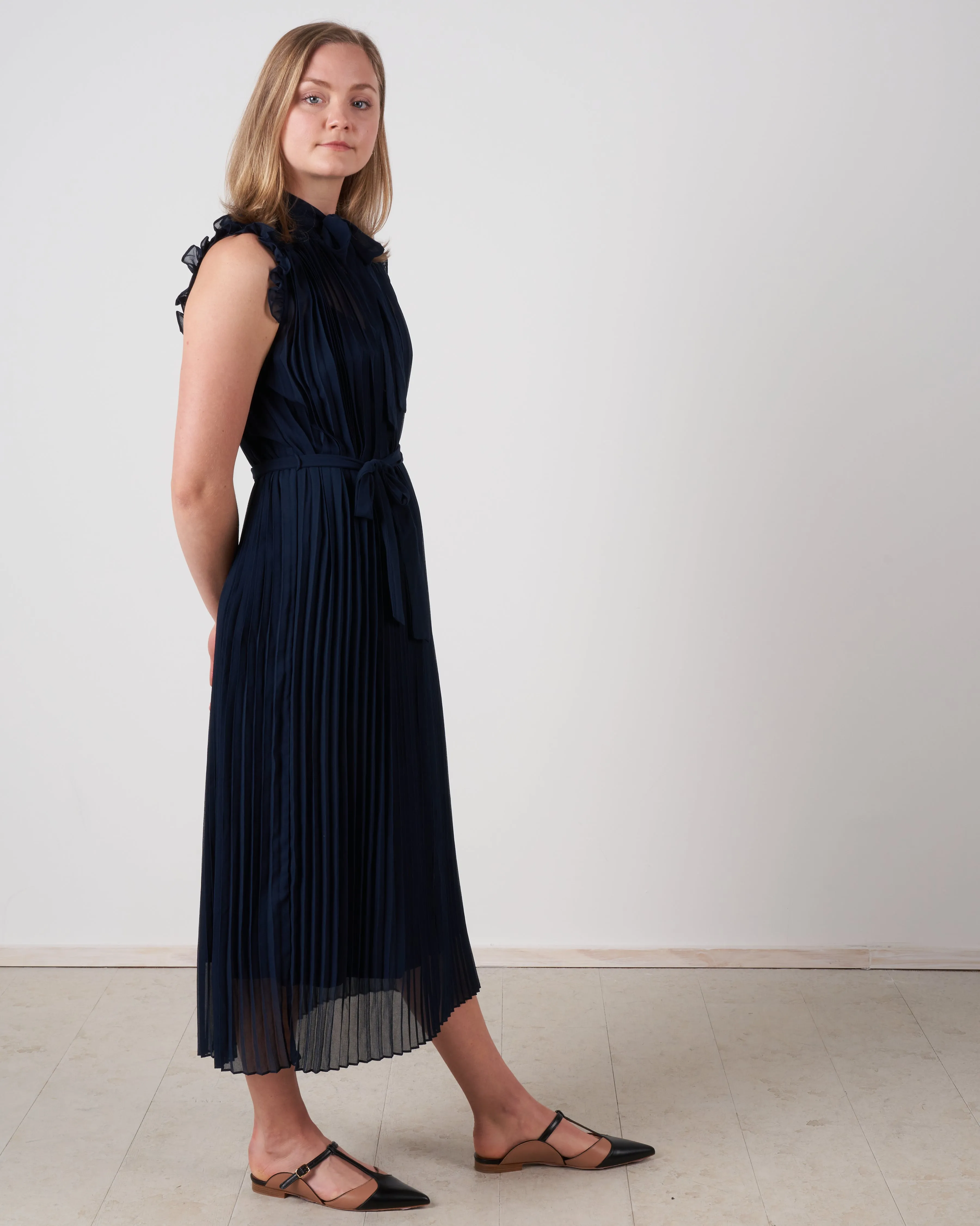 shirred pleat swing midi - navy