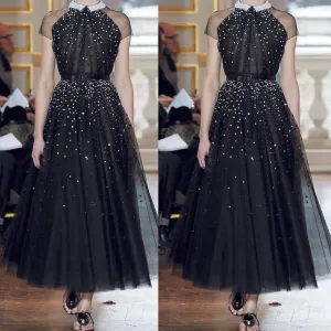 short sleeve black prom dresses for women ankle length high neck beaded peals vintage prom gown vestido de festa