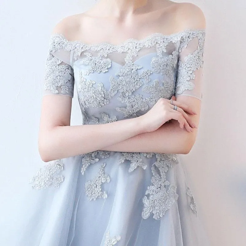 Short Sleeve Off Shoulder High How Dusty Blue Cheap Homecoming Dresses 2018, CM513