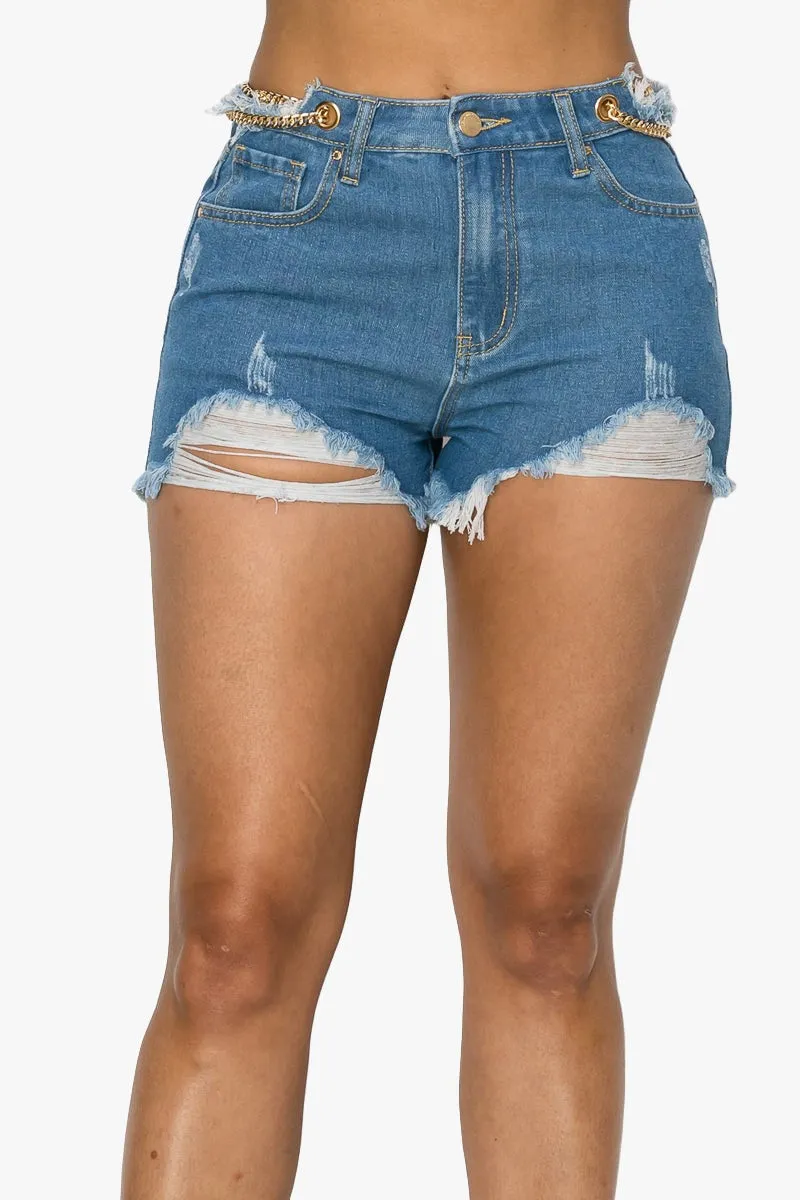 Side Chain Detailed Denim Shorts