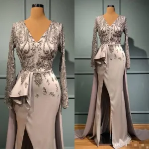 silver prom dresses long sleeve v neck vintage lace beaded elegant prom gown vestido de longo