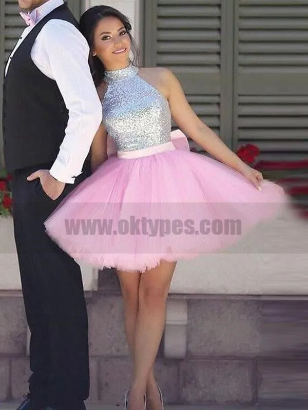 Simple Cute Short Silver Sequin Pink Skirt Cheap Homecoming Dresses 2018, TYP0803