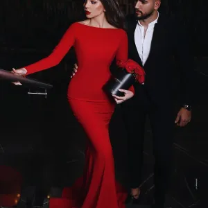 Simple Long Sleeves Red Wedding Guest Dresses Sexy Open Back
