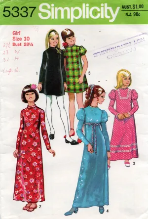 Simplicity 5337 Girls Puffy Sleeve Mini or Maxi Dress 1970s Vintage Sewing Pattern Size 10