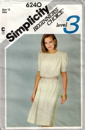 Simplicity 6240 Womens EASY Tucked Shoulder Dress 1980s Vintage Sewing Pattern Size 12 Bust 34 inches