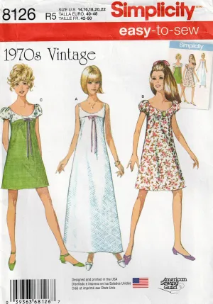Simplicity 8126 Womens 1970s Reprint Empire Waisted Dress Out Of Print Sewing Pattern Size 14 - 22 UNCUT Factory Folded