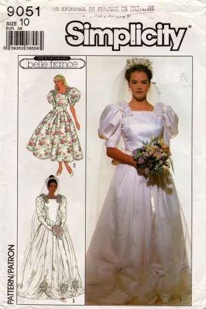 Simplicity 9051 Womens BELLE FRANCE Full Skirt Puff Sleeved Wedding Dress 1980s Vintage Sewing Pattern Size 10 UNCUT Factory Folded