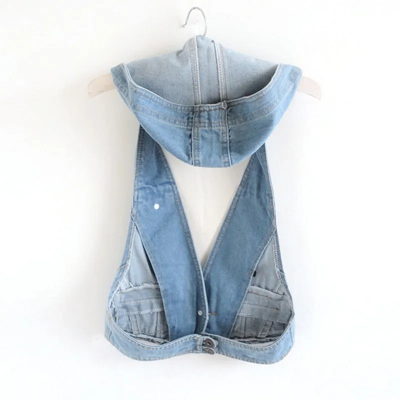 Sleeveless V-Neck Slim Short Hoodie Denim Jean Jacket Waistcoat