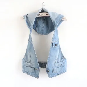 Sleeveless V-Neck Slim Short Hoodie Denim Jean Jacket Waistcoat